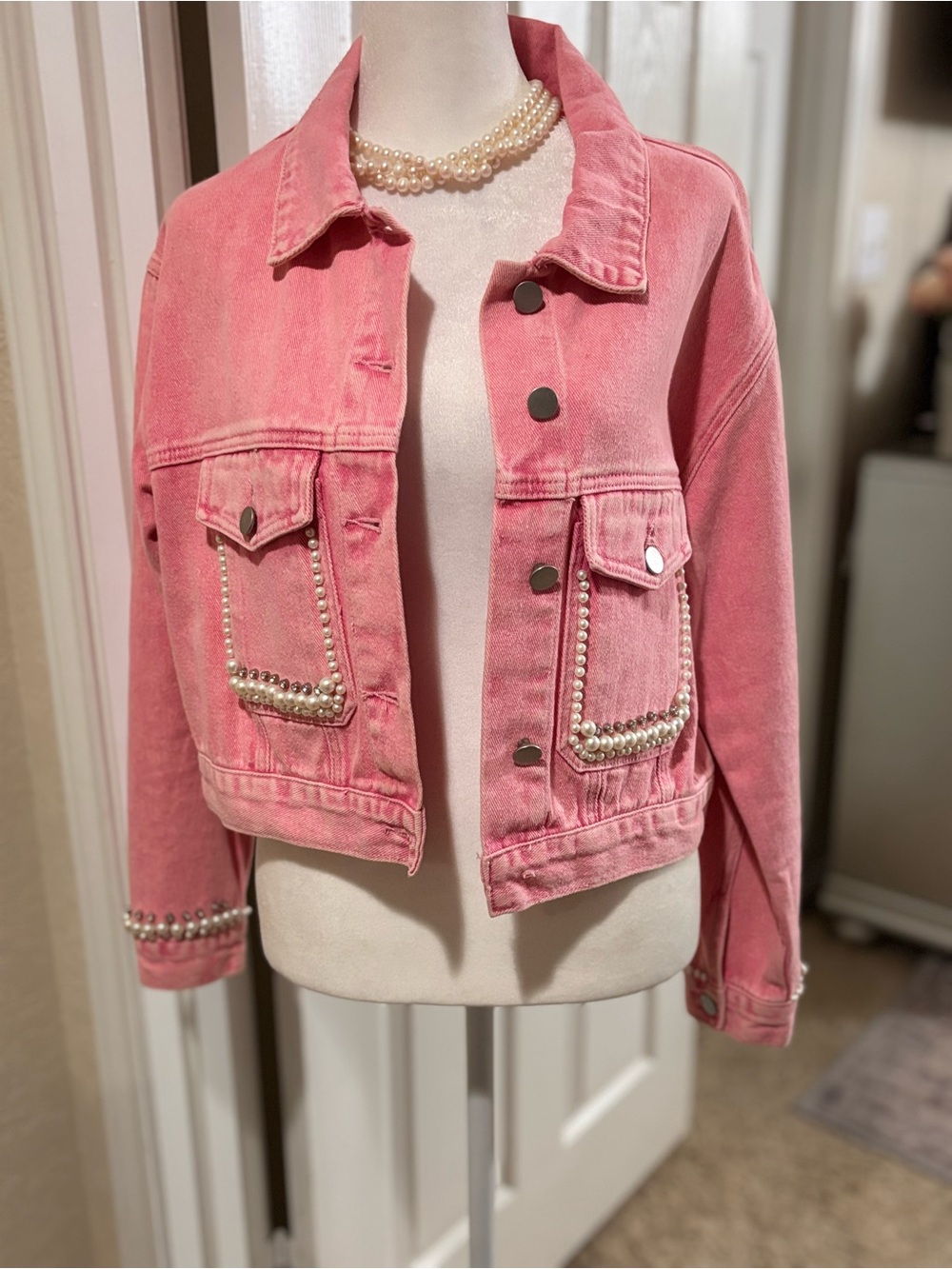 Savanna Jane Pink Pearl-Trim Cropped Denim Jacket